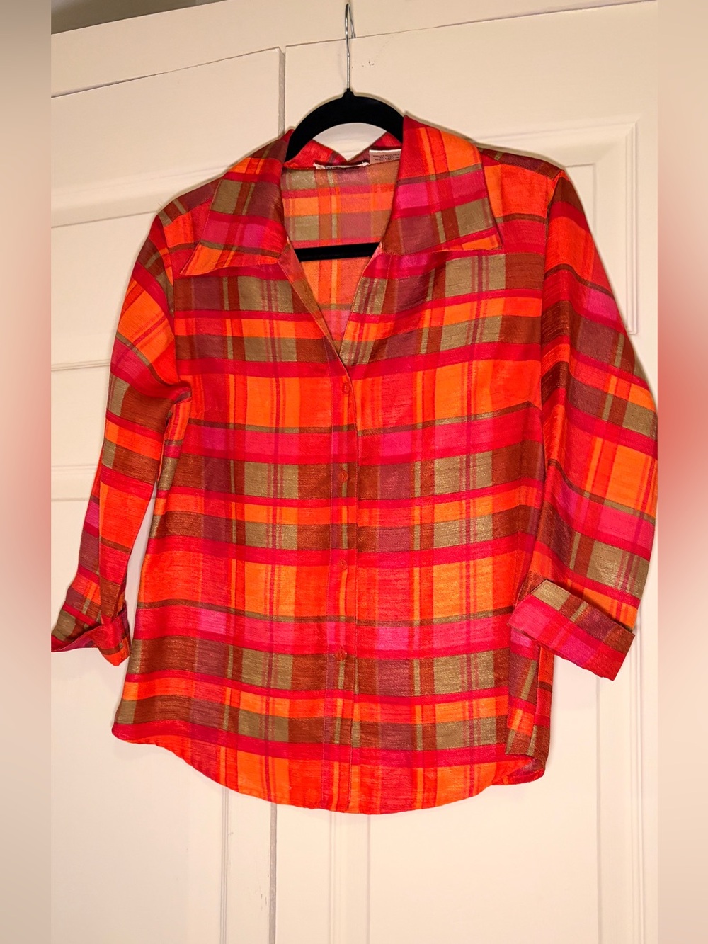 Selene Sport Orange, Pink & Brown Plaid Button-Front Shirt